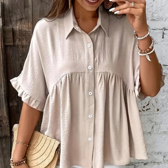 Tops - Women'S Casual Beige Button-Up Blouse with Ruffled Hem